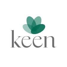 Logo of the word 'keen' with three overlapping green-colored petals above the text.